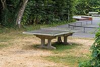 Concrete ping pong table standing in a public park with dry grass and green foliage, Borken, NRW, Germany [IBR125185824]
