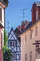 Half-timbered house and pointed gable roofs with antennas, Fischersteige, Kempten, Allgäu, Bavaria, Germany [IBR125188227]