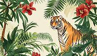 Traditional Indian Tapestry: Vintage Exotic Nature Print With Hand-Drawn Tropical Summer Patterns, Jungle Animals, Tigers, Doodles, And Palm Trees, AI generated [IBR125195679]
