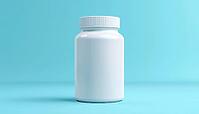 White Vitamin Bottle Mockup On Blue Background With Custom Branding, Unlabeled Nutritional Supplement Jar For Health Care Packaging Presentation And Clean Medicine Design, AI generated [IBR125195682]