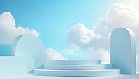 Sky Blue And Cloud White Podium Platform Step For Summer Cosmetic Product Presentation In Spring Nature Landscape With Building Wall, AI generated [IBR125195686]