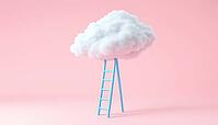 White Fluffy Cloud Above Blue Ladder Stands Out On Pink Background, Creating A Striking And Vibrant Contrast In The Scene, AI generated [IBR125195736]