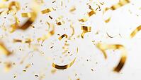 Elegant Gold Confetti And Ribbon Streamers Cascading Down In A Soft Focus Background. Minimal And Chic Celebration Decor, AI generated [IBR125195745]