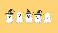 Adorable Halloween Ghosts In Yellow: Featuring Ghosts In Witch Hats, Ghosts Without Hats, And Cute Kitty Ghosts In Witch Hats, AI generated [IBR125195750]