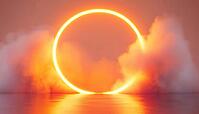 Spectacular Neon Arch With Smoking Orange Glowing Portal, Modern Circular Gate, Enchanting Stage With Vapors: A Futuristic Delight Spectacle, AI generated [IBR125195773]
