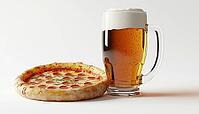 Beer Glass With Foamy Pizza Print: Authentic Food & Drink Pairing With Frothy Beer Mug For The Bar, AI generated [IBR125200664]