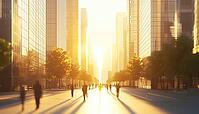 Warm Light And Long Shadows In A Bustling City Street During The Golden Hour As People Enjoy Their Evening Stroll, AI generated [IBR125200673]
