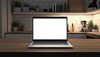Blank Screen Laptop Open On Wooden Desk In Kitchen Home Office - A Laptop With A Blank Screen Displayed On A Wooden Desk In A Home Office Situated In The Kitchen Room, AI generated [IBR125200676]