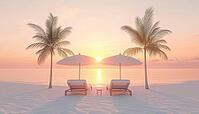 Serene Paradise Setting: Two Sun Beds, Loungers, And Umbrella Beneath Palm Tree On White Sand Beach. Spectacular Sea View, Tranquil Twilight Sky At Inspirational Beach Resort Hotel, AI generated [IBR125200678]