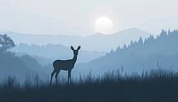 Mystical Landscape: Silhouette Of Deer, Doe, And Fawn In Forest Meadow With Trees, Grass, And Mountains In The Background. Blue Bookmark Included, AI generated [IBR125200683]