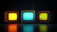 Dark And Atmospheric Setting With Old Tv Sets And Glowing Screens: Three Vintage Tvs In A Dimly Lit Room, AI generated [IBR125200689]