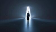 Figure Strolling Through Darkness Towards Illumination - A Person Is Seen Walking In The Darkness With A Destination In Sight, Heading Towards The Light, AI generated [IBR125200696]