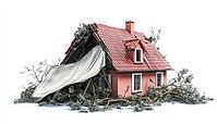 Severe Winter Storm Causes Residential House Damage With Fallen Trees And Limbs, Temporary Tarp On Roof Until Repairs, AI generated [IBR125200697]