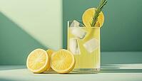 Refreshing Summer Lemonade Or Cocktail With Ice, Rosemary, And Lemon Slices On Pastel Light Green Surface. Fresh, Healthy Cold Lemon Beverage With Lemon-Infused Water, AI generated [IBR125200713]