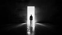 Man Escaping Darkness Through Illuminated Door: Surreal Black And White Image Captures Transformation From Shadow To Light, AI generated [IBR125200724]