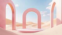 Abstract Surreal Pastel Landscape: Panoramic View Of Dune Scene With Arches And Podium, Blue Sky And Cloudy, Ideal For Product Display, AI generated [IBR125200730]