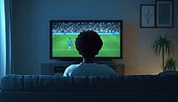 Unrecognizable Biracial Man Sitting On Sofa In Living Room Watching Soccer Game Match On Tv With Copy Space Available, AI generated [IBR125200734]