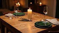 Winter dining table set for imperfect gathering, mismatched emerald ceramic plates, tilted cream pillar candle with wax drips, dried rosemary centrepiece, two different wine glasses, warm candlelight only, no people, Christmas hosting concept, studio shot [IBR125200736]