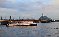 Akmens Bridge over Daugava, New National Library, tourist boat, Riga, Latvia [IBR125203183]