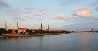 Panoramic old town and Daugava river, castle. St. Mary's Cathedral, St. Peter's Church, TV Tower, seen from Vansubrücke, Vansu Tilts across Daugava, Riga, Latvia [IBR125203184]
