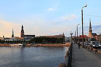 Old town with St. Jaokobi Cathedral, St. Mary's Cathedral and St. Peter's Church, seen from the Akmens Bridge over the Daugava, Riga, Latvia [IBR125203188]