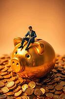 Businessman sitting on a golden piggybank, standing on a pile of gold coins, AI generated [IBR125203201]