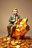 Businessman sitting on a golden piggybank, standing on a pile of gold coins, AI generated [IBR125203202]