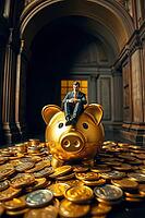 Businessman sitting on a golden piggybank, standing on a pile of gold coins, AI generated [IBR125203204]