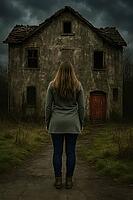 A woman stands in front of an abandoned house with a red door, surrounded by a dark and cloudy sky, enhancing a mysterious feel, AI generated [IBR125203206]