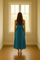 A woman in a blue dress stands barefoot, looking out a sunlit window, creating a serene and minimalist scene, AI generated [IBR125203207]