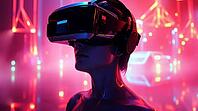 Woman wearing goggles for Virtual reality, AI generated [IBR125203210]
