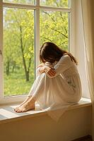 Woman in a white dress sits on a window sill, surrounded by sunlight and spring greenery, creating a serene atmosphere, AI generated [IBR125203211]
