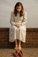 A woman in a white dress sits on a brick wall, with red shoes on the ground, embodying solitude and contemplation, AI generated [IBR125203215]