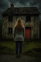 A woman stands facing an old, decaying house with a red door under a cloudy night sky, creating an eerie atmosphere, AI generated [IBR125203217]
