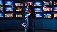 Woman in a room looking at many video screens, AI generated [IBR125203218]