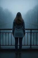 A woman faces a fog-covered body of water, leaning on a railing in a reflective, solitary, winter landscape, AI generated [IBR125203219]