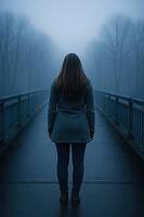 A woman stands alone on a foggy bridge, surrounded by mist and bare trees in a moody, overcast atmosphere, AI generated [IBR125203220]