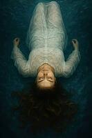 Woman in a white dress floats underwater, surrounded by tranquil blue tones in a serene, dreamlike scene, AI generated [IBR125203222]