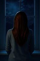 A woman gazes out a window into a dark, cloudy night sky, evoking a moody, introspective atmosphere, AI generated [IBR125203223]