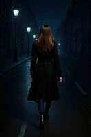 Woman in dark coat walking alone on dimly lit street, creating a solitary and moody atmosphere, AI generated [IBR125203225]