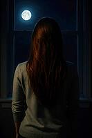 A woman stands by a window at night, gazing at a bright moon in a dark, mysterious atmosphere, AI generated [IBR125203226]