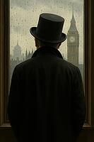 A man in a top hat views Big Ben through a rain-speckled window, creating a nostalgic London scene, AI generated [IBR125203229]