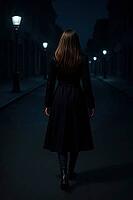 A lone woman in a dark coat walking on an empty street lined with lamps, evoking a sense of solitude, AI generated [IBR125203230]