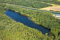 Aerial view, Beversee in forest area, management, mountain subsidence, Rünthe, Bergkamen, Ruhr region, North Rhine-Westphalia, Germany, birds-eyes view, aerial photography, aerial photography, overview, bird's eye view, infrastructure, town view, aerial [IBR113322297]