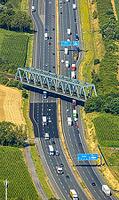 Aerial view, A2 motorway near Kamener Kreuz motorway junction, highway A1 and motorway A2, road traffic and truck traffic, Kamen, railway bridge, bridges, Ruhr area, North Rhine-Westphalia, Germany, motorway, BAB, motorway junction, air suspension, overvi [IBR113322314]