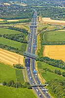 Aerial view, A2 motorway near Kamener Kreuz motorway junction, highway A1 and motorway A2, road traffic and truck traffic, Kamen, railway bridge, bridges, Ruhr area, North Rhine-Westphalia, Germany, motorway, BAB, motorway junction, air suspension, overvi [IBR113322323]