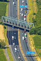 Aerial view, A2 motorway near Kamener Kreuz motorway junction, highway A1 and motorway A2, road traffic and truck traffic, Kamen, railway bridge, bridges, Ruhr area, North Rhine-Westphalia, Germany, motorway, BAB, motorway junction, air suspension, overvi [IBR113322325]