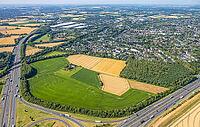 Aerial view, Kamener Kreuz motorway junction, A1 motorway and A2 motorway, possible and planned route for regional railway between Kamen and Bergkamen, railway infrastructure, road traffic and truck traffic, Kamen, Ruhr area, North Rhine-Westphalia, Germa [IBR113322327]