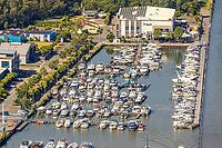 Aerial view, Marina Rünthe marina on the Datteln-Hamm Canal, boats, charter boats, harbor, inland port, Rünthe, Bergkamen, Ruhr region, North Rhine-Westphalia, Germany, birds-eyes view, aerial photography, aerial photography, overview, bird's eye view, in [IBR113322328]