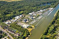 Aerial view, Marina Rünthe marina on the Datteln-Hamm Canal, boats, charter boats, harbor, inland port, Rünthe, Bergkamen, Ruhr region, North Rhine-Westphalia, Germany, birds-eyes view, aerial photography, aerial photography, overview, bird's eye view, in [IBR113322346]